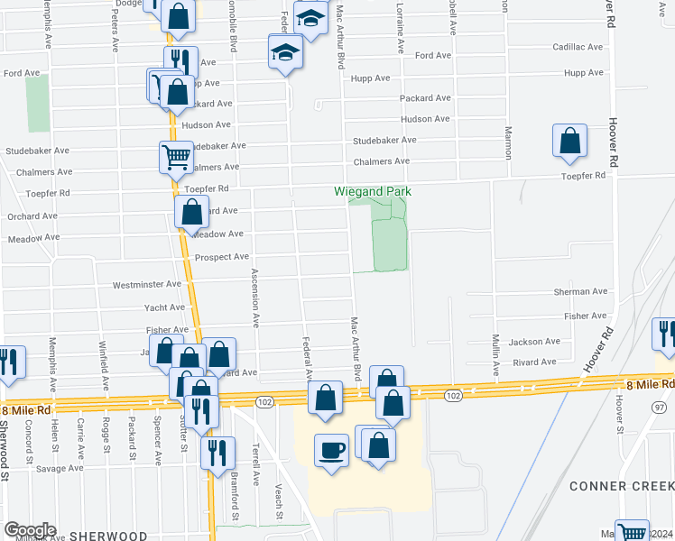 map of restaurants, bars, coffee shops, grocery stores, and more near 8501 Westminster Avenue in Warren