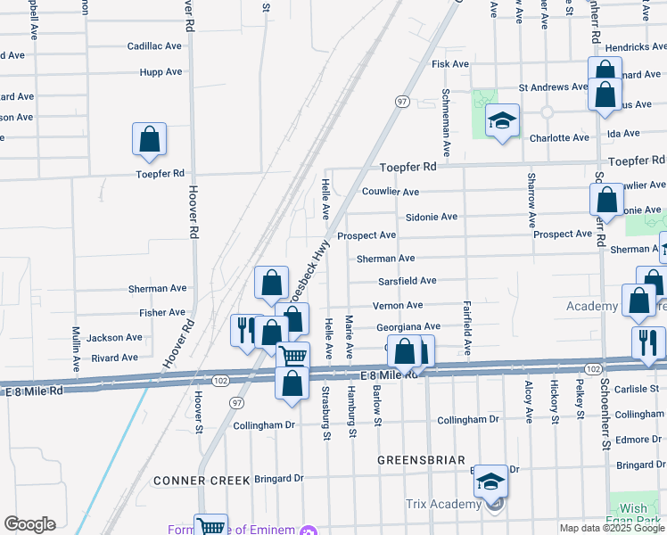 map of restaurants, bars, coffee shops, grocery stores, and more near 21278 Helle Avenue in Warren