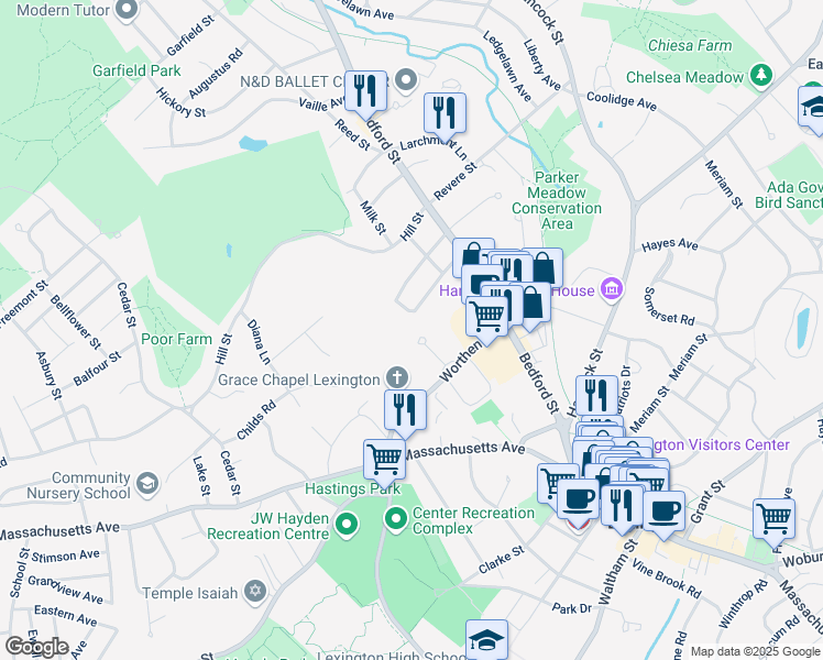 map of restaurants, bars, coffee shops, grocery stores, and more near 5 Militia Drive in Lexington