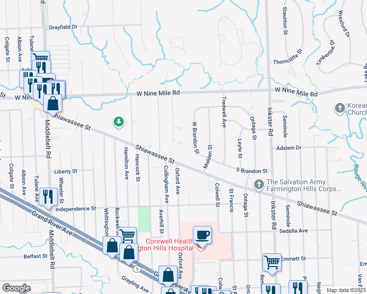 map of restaurants, bars, coffee shops, grocery stores, and more near 21937 Arbor Lane in Farmington Hills