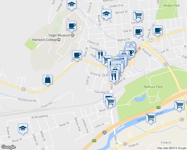 map of restaurants, bars, coffee shops, grocery stores, and more near 33 Grove Street in Oneonta