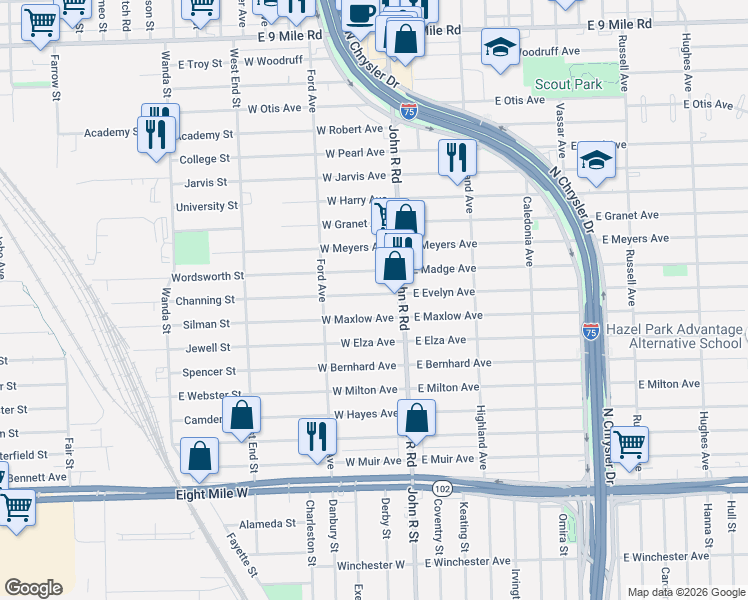 map of restaurants, bars, coffee shops, grocery stores, and more near 61 West Evelyn Avenue in Hazel Park