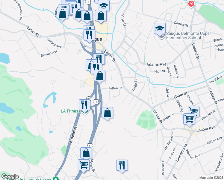 map of restaurants, bars, coffee shops, grocery stores, and more near 26 Felton Street in Saugus