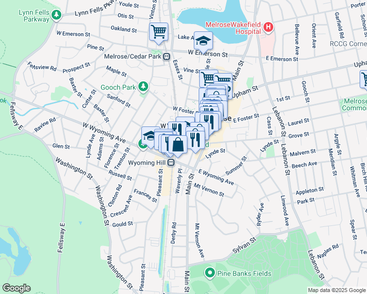 map of restaurants, bars, coffee shops, grocery stores, and more near 10 Grove Street in Melrose