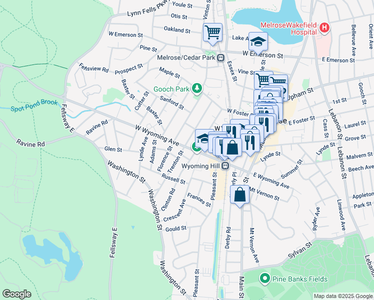 map of restaurants, bars, coffee shops, grocery stores, and more near 116 West Wyoming Avenue in Melrose