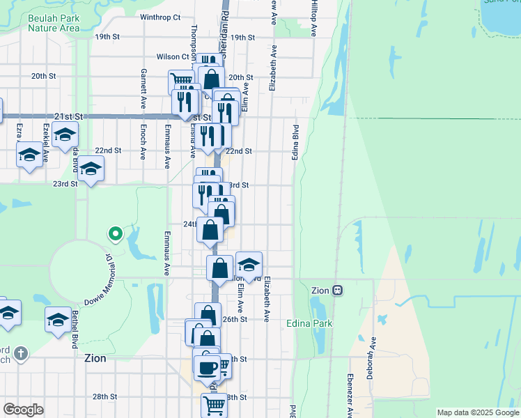 map of restaurants, bars, coffee shops, grocery stores, and more near 2313 Elizabeth Avenue in Zion