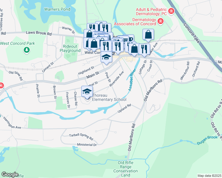 map of restaurants, bars, coffee shops, grocery stores, and more near 83 Riverside Avenue in Concord