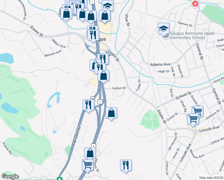 map of restaurants, bars, coffee shops, grocery stores, and more near 26 Felton Street in Saugus