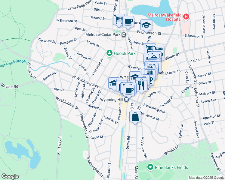 map of restaurants, bars, coffee shops, grocery stores, and more near 87 West Wyoming Avenue in Melrose