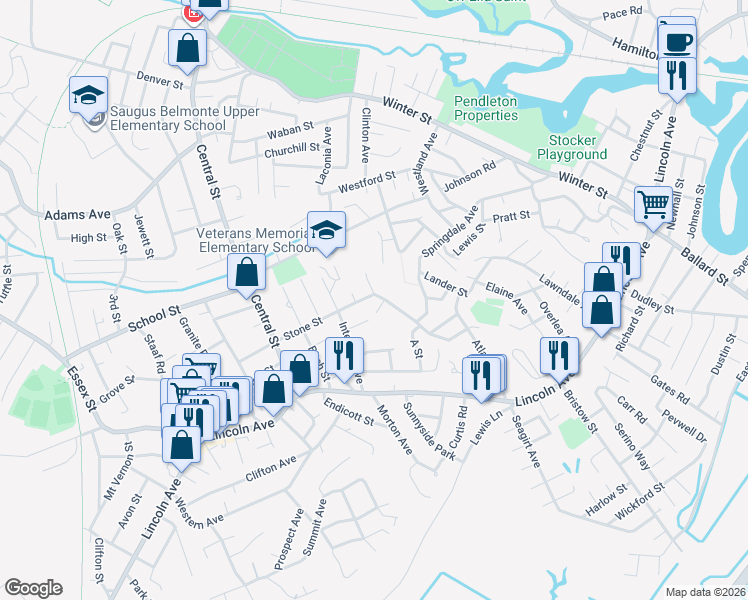 map of restaurants, bars, coffee shops, grocery stores, and more near 49 Stone Street in Saugus