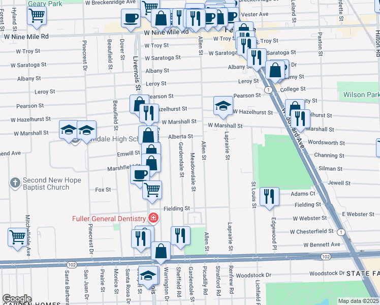 map of restaurants, bars, coffee shops, grocery stores, and more near 783 Meadowdale Street in Ferndale