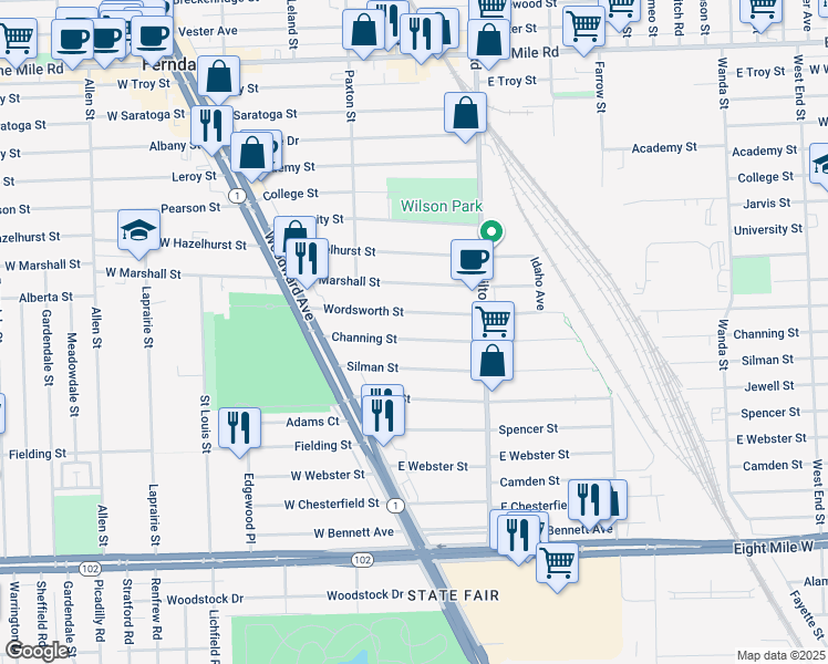 map of restaurants, bars, coffee shops, grocery stores, and more near 325 Channing Street in Ferndale