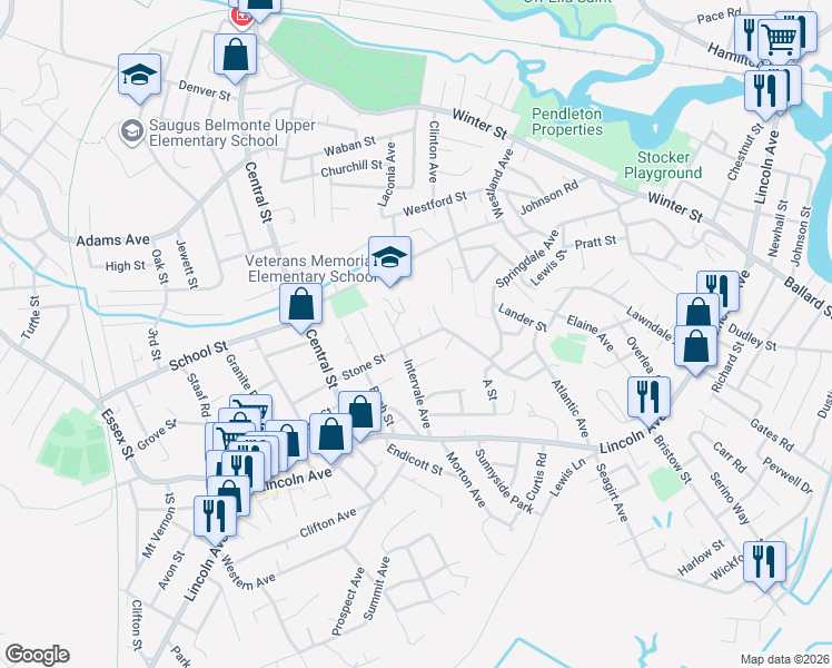 map of restaurants, bars, coffee shops, grocery stores, and more near 49 Stone Street in Saugus