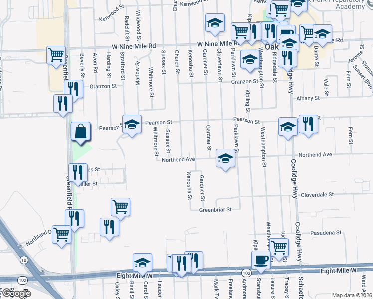 map of restaurants, bars, coffee shops, grocery stores, and more near 21651 Church Street in Oak Park
