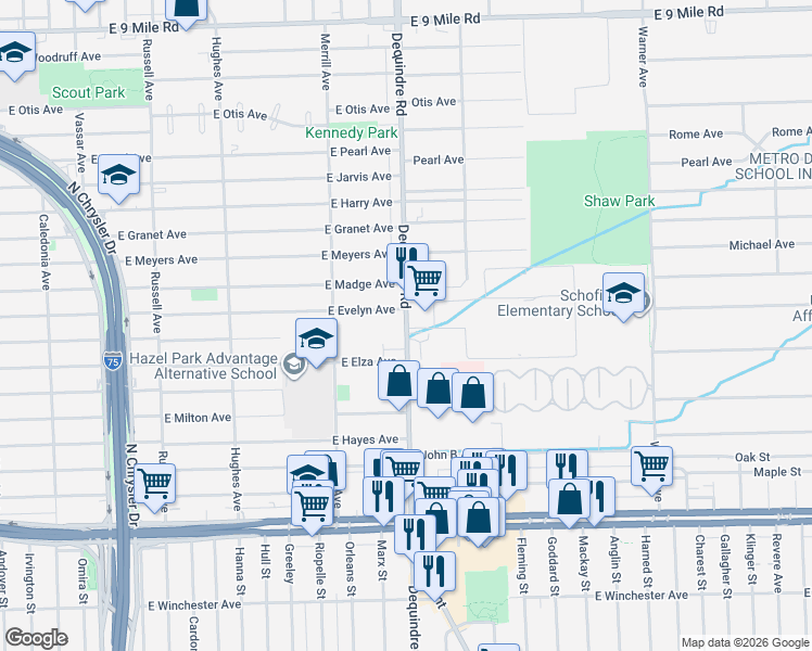 map of restaurants, bars, coffee shops, grocery stores, and more near 21415 Dequindre Rd in Warren