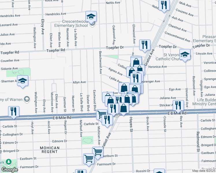 map of restaurants, bars, coffee shops, grocery stores, and more near 14662 Jacob Avenue in Eastpointe