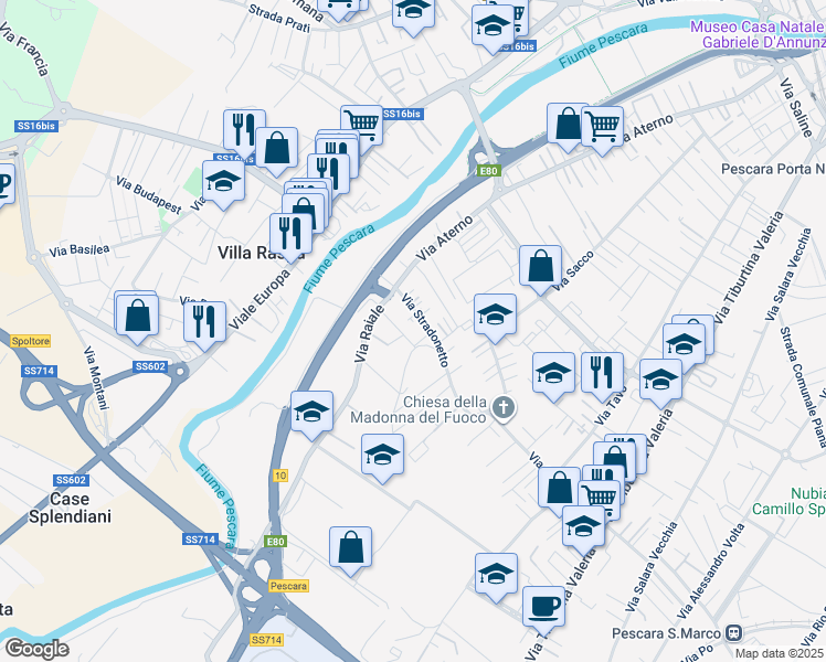map of restaurants, bars, coffee shops, grocery stores, and more near 5 Via Giovanni Spadolini in Pescara