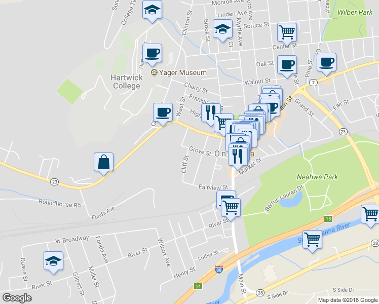 map of restaurants, bars, coffee shops, grocery stores, and more near 37 Grove Street in Oneonta