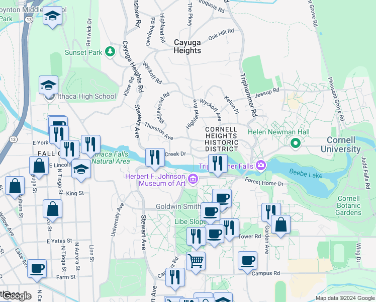 map of restaurants, bars, coffee shops, grocery stores, and more near 220 Fall Creek Drive in Ithaca
