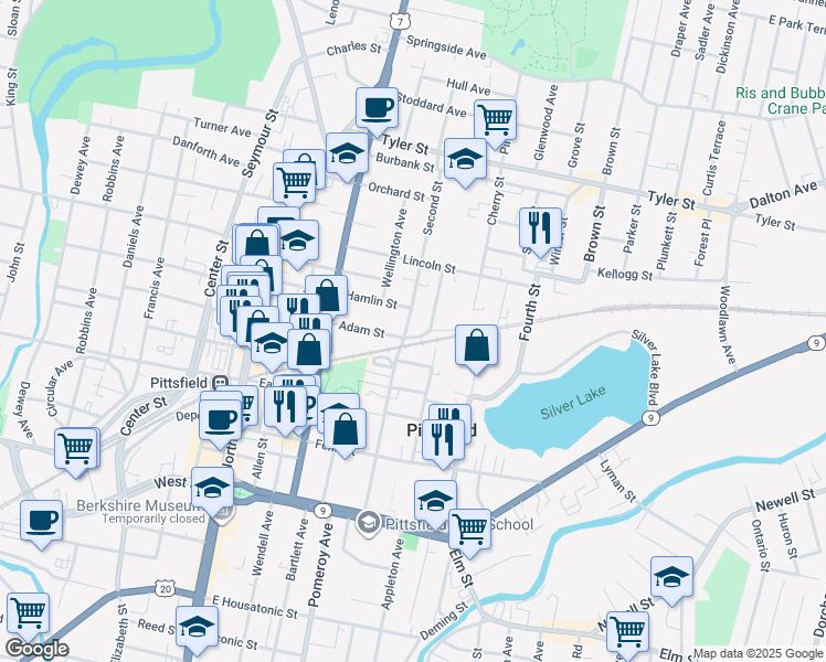 map of restaurants, bars, coffee shops, grocery stores, and more near 164 2nd Street in Pittsfield
