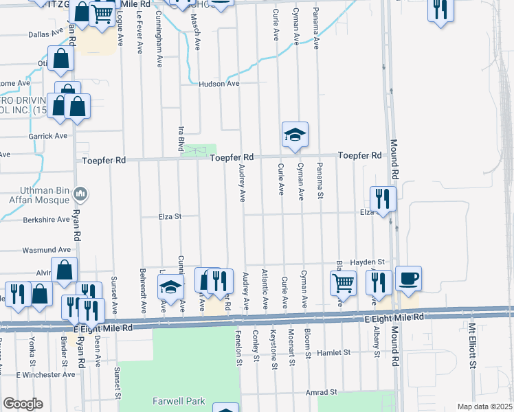 map of restaurants, bars, coffee shops, grocery stores, and more near 21426 Audrey Avenue in Warren