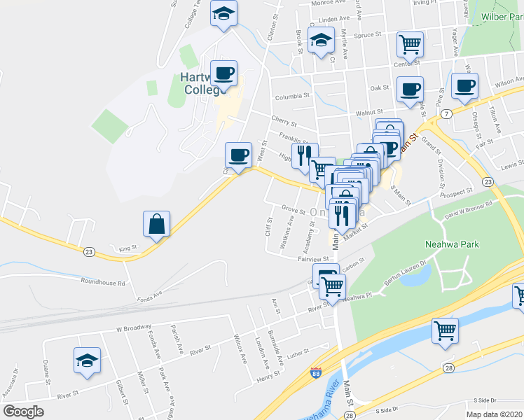 map of restaurants, bars, coffee shops, grocery stores, and more near 43 Grove Street in Oneonta