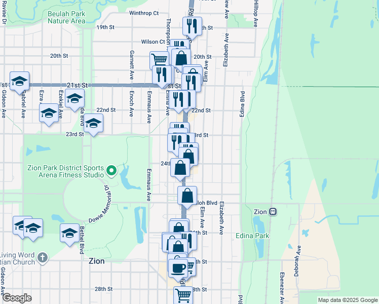 map of restaurants, bars, coffee shops, grocery stores, and more near 2353 Sheridan Road in Zion