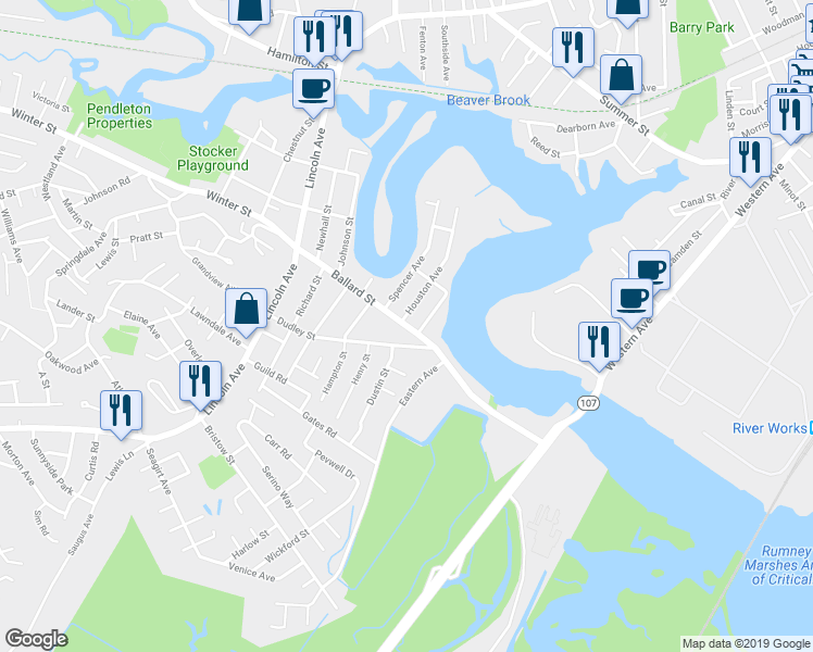 map of restaurants, bars, coffee shops, grocery stores, and more near 58 Ballard Street in Saugus