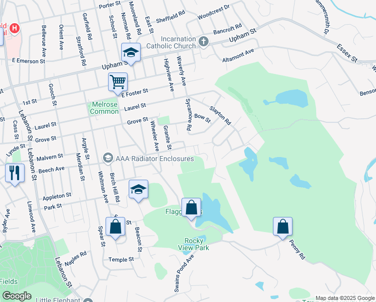 map of restaurants, bars, coffee shops, grocery stores, and more near 35 Water Street in Melrose
