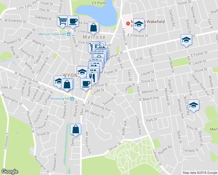 map of restaurants, bars, coffee shops, grocery stores, and more near 1 Grove Place in Melrose