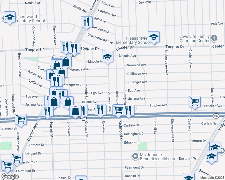 map of restaurants, bars, coffee shops, grocery stores, and more near 21010 Universal Avenue in Eastpointe