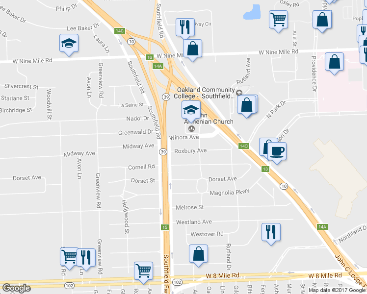 map of restaurants, bars, coffee shops, grocery stores, and more near 17570 Roxbury Avenue in Southfield