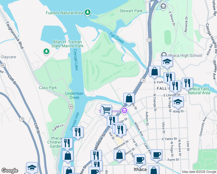 map of restaurants, bars, coffee shops, grocery stores, and more near 726-30 Willow Ave in Ithaca