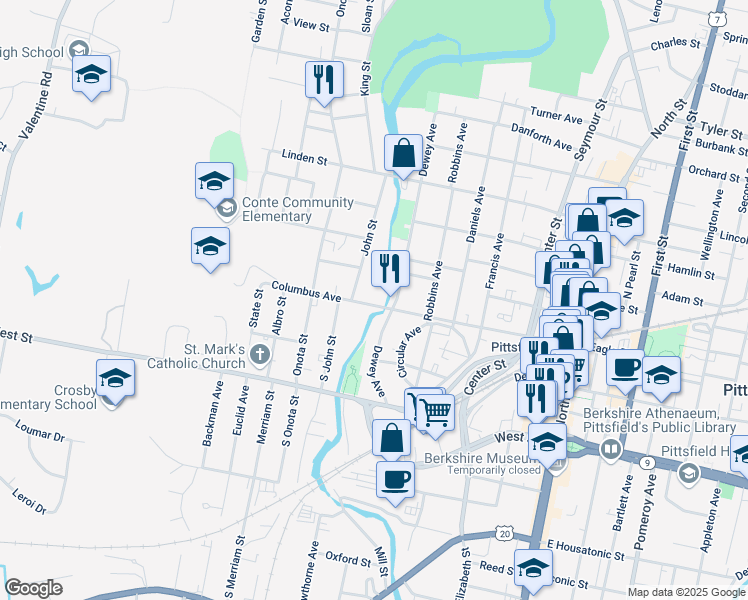 map of restaurants, bars, coffee shops, grocery stores, and more near 314 Columbus Avenue in Pittsfield