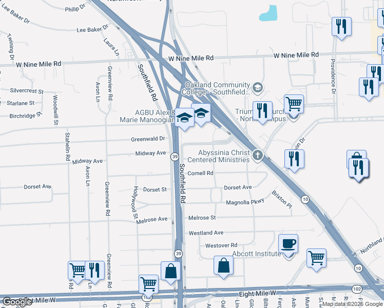 map of restaurants, bars, coffee shops, grocery stores, and more near 17570 Roxbury Avenue in Southfield
