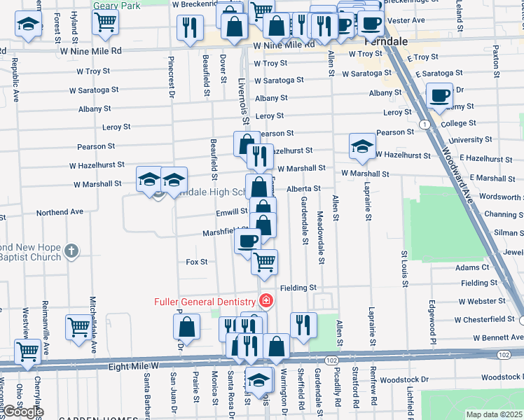 map of restaurants, bars, coffee shops, grocery stores, and more near 756 Livernois in Ferndale