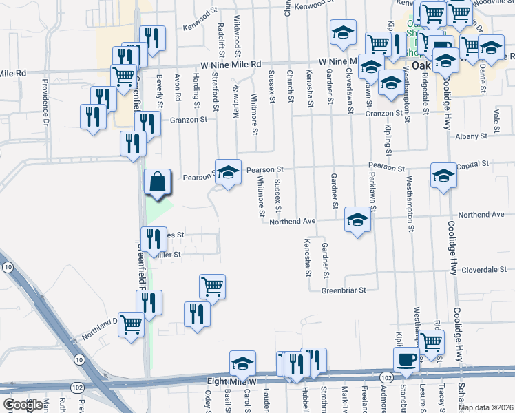 map of restaurants, bars, coffee shops, grocery stores, and more near 21651 Whitmore Street in Oak Park
