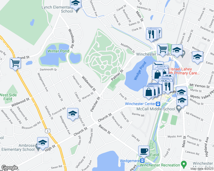 map of restaurants, bars, coffee shops, grocery stores, and more near 21 Palmer Street in Winchester