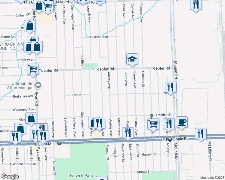 map of restaurants, bars, coffee shops, grocery stores, and more near 21426 Audrey Ave in Warren
