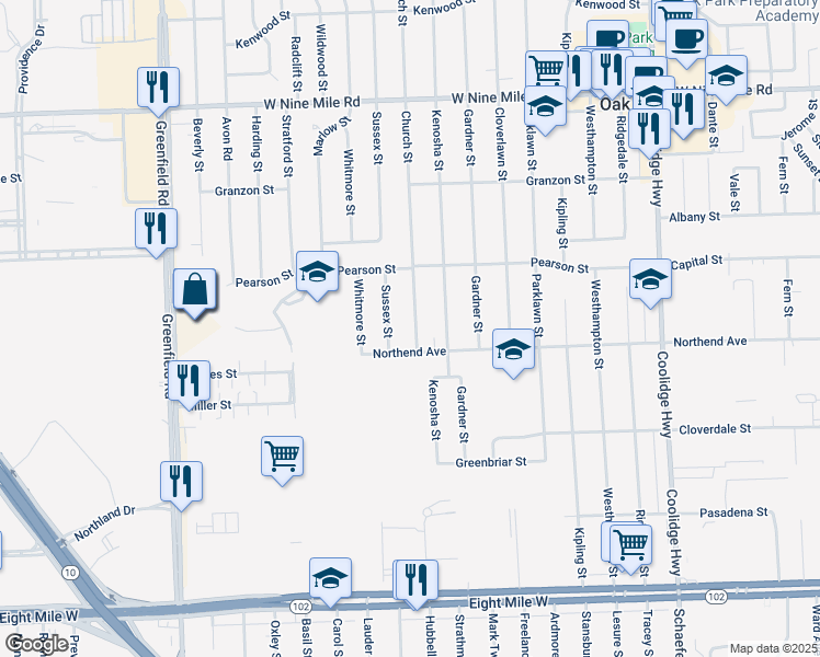 map of restaurants, bars, coffee shops, grocery stores, and more near 21651 Church Street in Oak Park