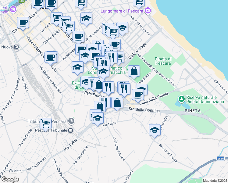 map of restaurants, bars, coffee shops, grocery stores, and more near 3 Via Sforza Muzio Attendolo in Pescara