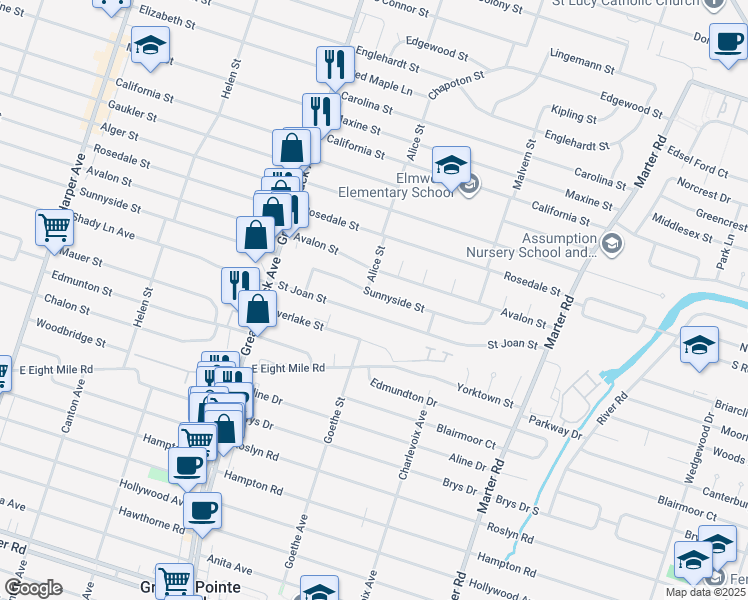map of restaurants, bars, coffee shops, grocery stores, and more near 22600 Sunnyside Street in St. Clair Shores