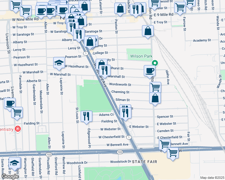 map of restaurants, bars, coffee shops, grocery stores, and more near 137 Channing Street in Ferndale