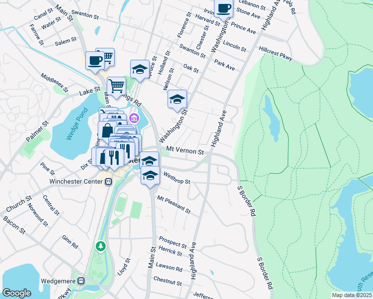 map of restaurants, bars, coffee shops, grocery stores, and more near 13-2 Mount Vernon Street in Winchester