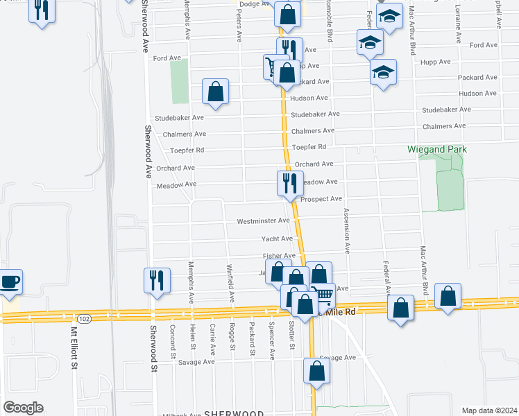map of restaurants, bars, coffee shops, grocery stores, and more near 7544 Prospect Avenue in Warren