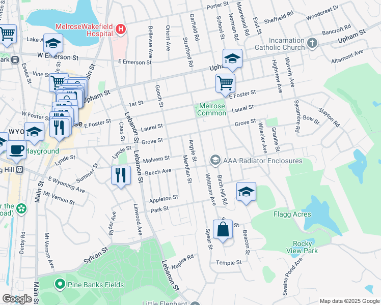 map of restaurants, bars, coffee shops, grocery stores, and more near 50 Argyle Street in Melrose