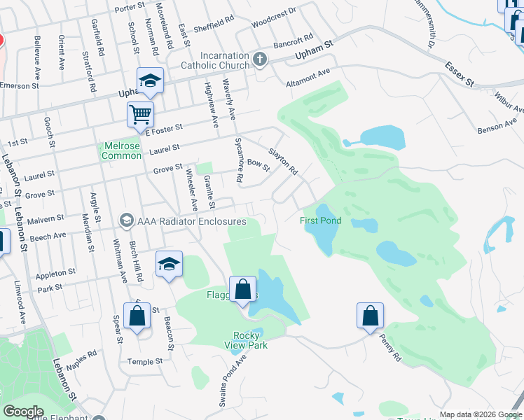 map of restaurants, bars, coffee shops, grocery stores, and more near 8 Oak Street in Melrose