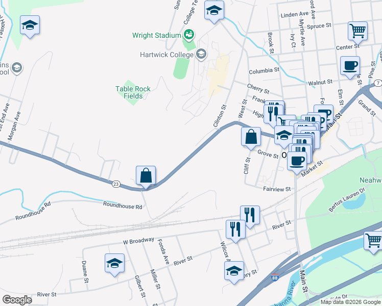 map of restaurants, bars, coffee shops, grocery stores, and more near 154 Chestnut Street in Oneonta