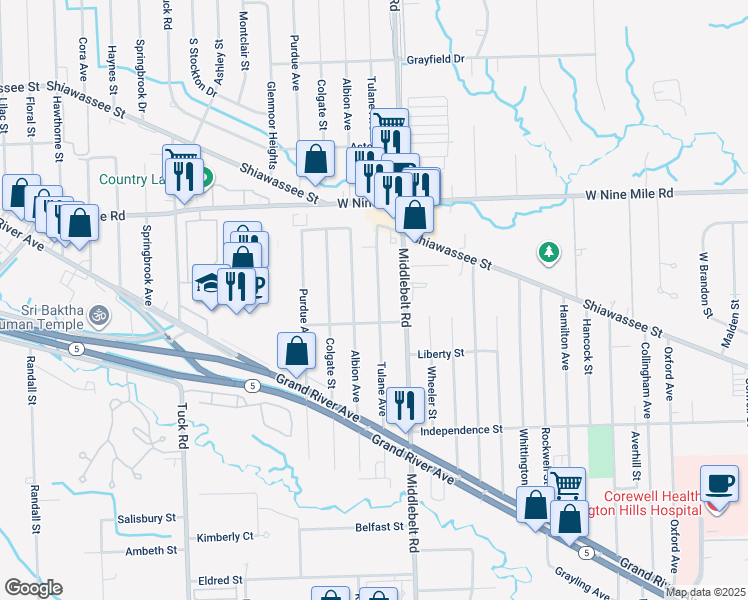 map of restaurants, bars, coffee shops, grocery stores, and more near 21905 Tulane Avenue in Farmington Hills