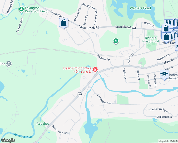 map of restaurants, bars, coffee shops, grocery stores, and more near 37 Water Street in Concord